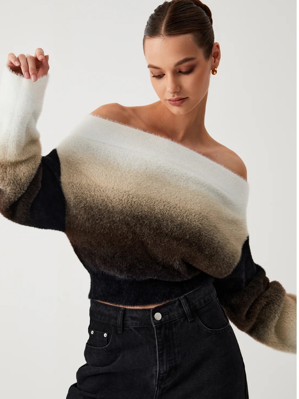 Commense Dawn Ombre Fuzzy Off Shoulder Crop Sweater Size Medium NWT